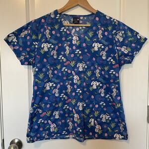 Zoe and Chloe Women's Uniform Scrub Top Size M Easter Bunny Eggs Flowers Spring